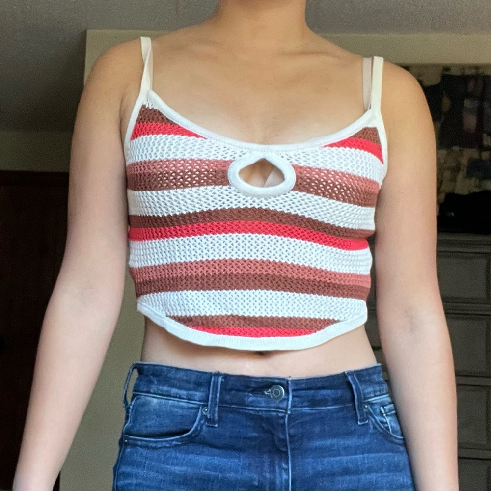 American Eagle Outfitters Red White Brown S Small Striped Cropped Tank Top